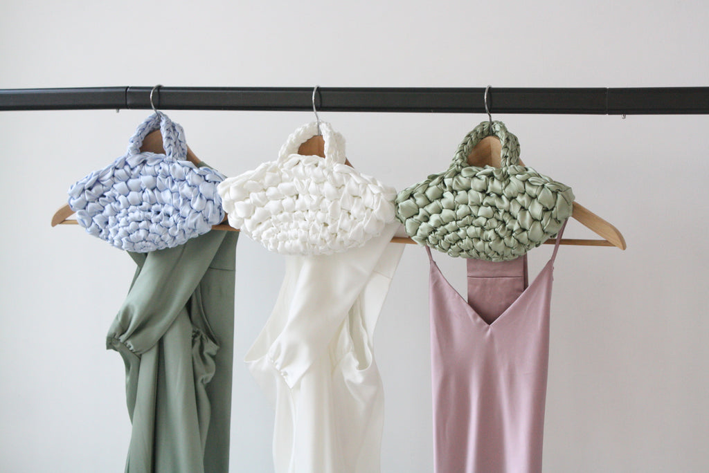 Blue bridal bag handmade in London - luxury wedding clutch croissant bag for brides and bridesmaids