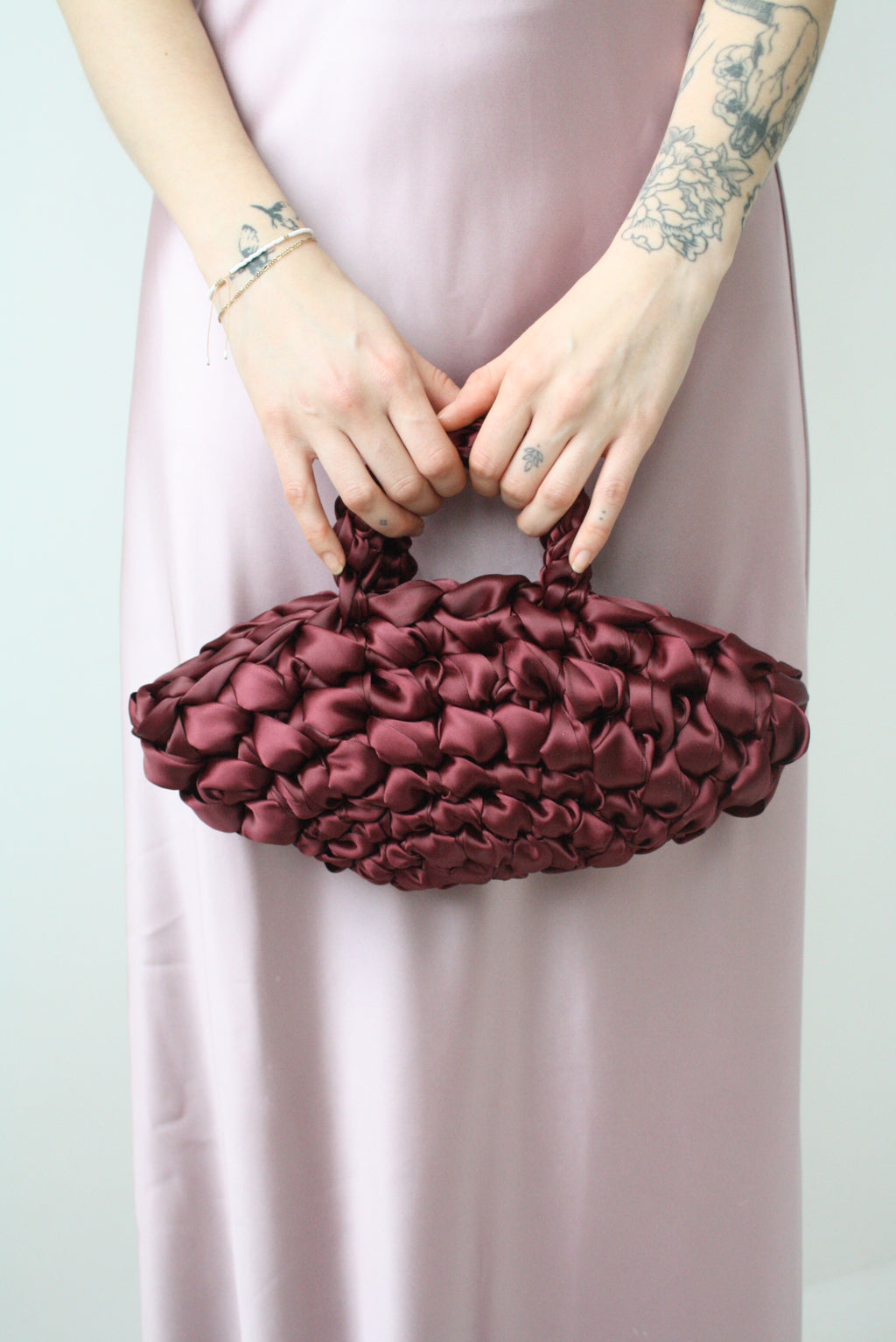 Burgundy bridal bag handmade in London - luxury wedding clutch croissant bag for brides and bridesmaids