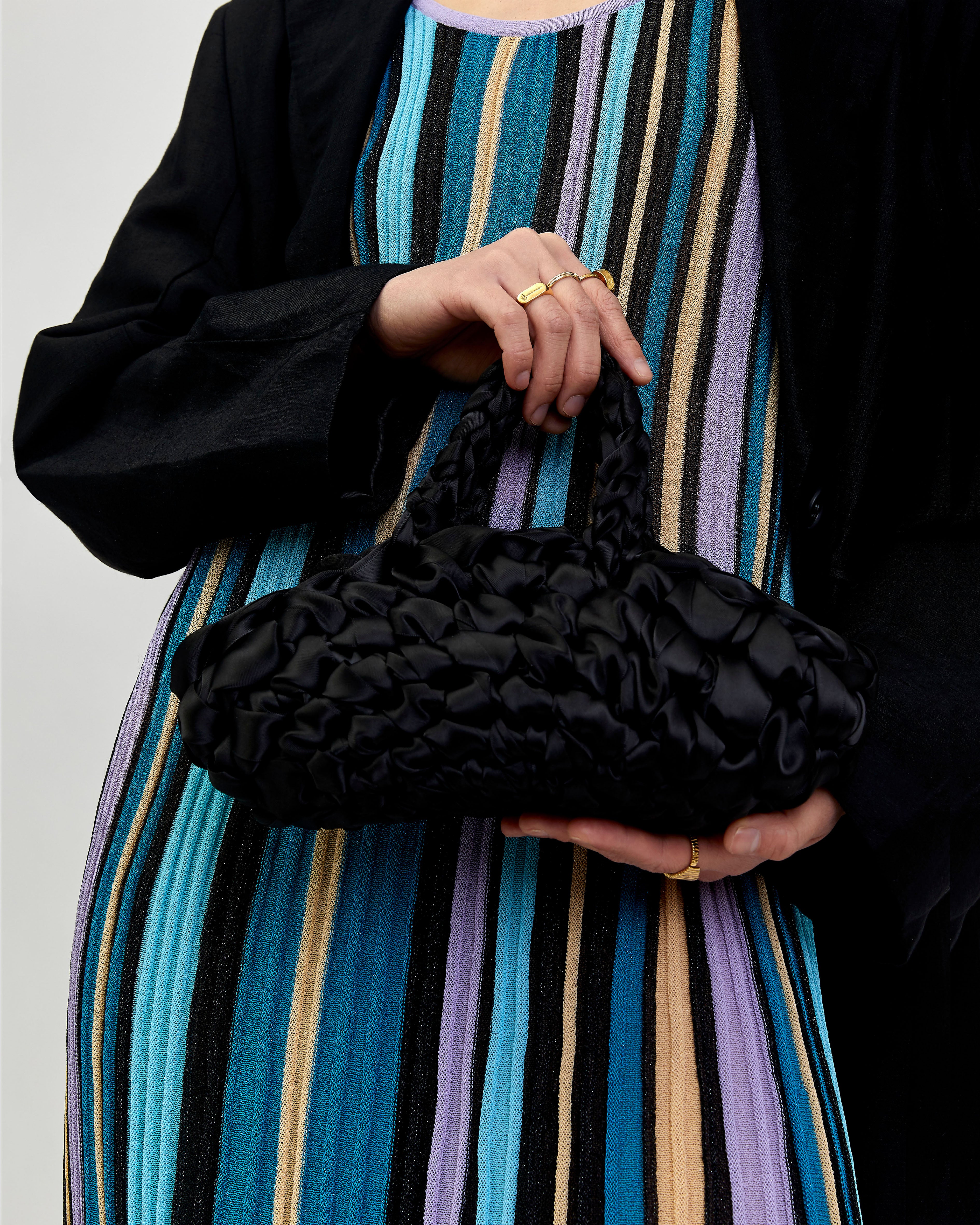 Black bridal bag handmade in London - luxury wedding clutch croissant bag for brides and bridesmaids
